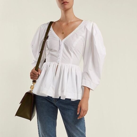 NWT Isa Arfen ‘Vera’ Peplum Cotton Puff Sleeve Top - Picture 1 of 8